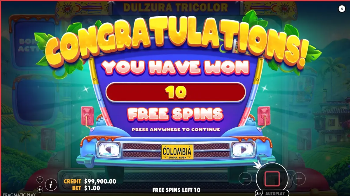 Dulzura Tricolor slot game screen with vibrant Colombian tropical theme and sweet treats